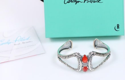 NEW Carolyn Pollack Sterling Silver Cuff Bracelet with Red Coral double boxed