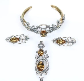 NEW Carolyn Pollack Sterling Silver Brass Citrine Pendant, Bracelet, Earring 4 piece Set in box