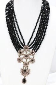 NEW Heidi Daus 6 Strand Black crystal glass faceted beads pink Floral Lavalier Crystal Necklace boxe