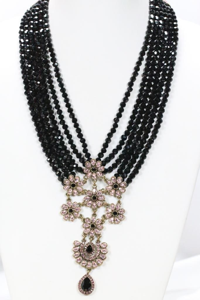 NEW Heidi Daus 6 Strand Black crystal glass faceted beads pink Floral Lavalier Crystal Necklace boxe (1 of 8)