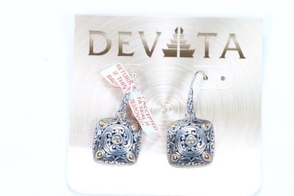 NEW in the box Devata Bali Sterling Silver and 18K Gold Earrings, Signed