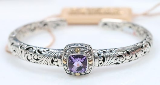 NEW in the box Devata Bali Sterling Silver and 18K Gold and Amethyst Cuff Bracelet