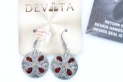 NEW Devata Bali Sterling Silver and 18K Gold with Garnet pierced Earrings, Signed
