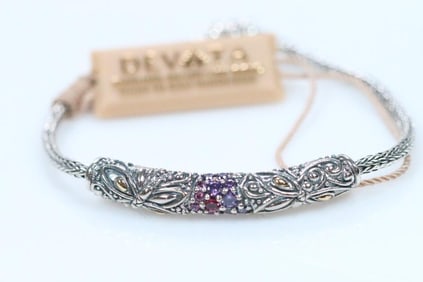 NEW Devata Bali Sterling Silver 18K Gold Dragonfly pink saphire and amethyst bracelet.