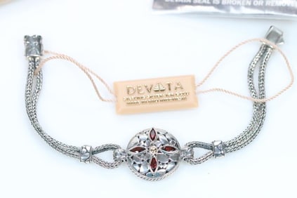 NEW Devata Bali Sterling Silver 18K Gold Garnet Medallion Bracelet, Signed