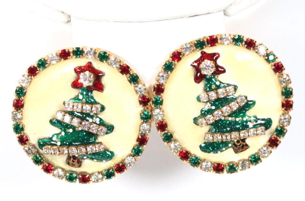 Lunch At The Ritz USA 22KTgold heavy plated Christmas clip Earrings match lot 47: Christmas-themed disk earrings, 22K gold plate with enamel and crystal, 1 1/8" wide with clip backs