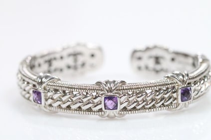 Judith Ripka Sterling Silver and Amethyst Cuff Bracelet, Signed