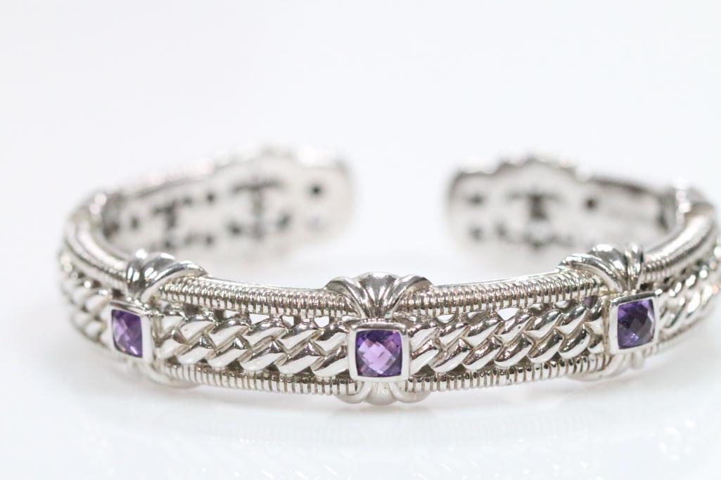 Judith Ripka Sterling Silver and Amethyst Cuff Bracelet, Signed (1 of 10)