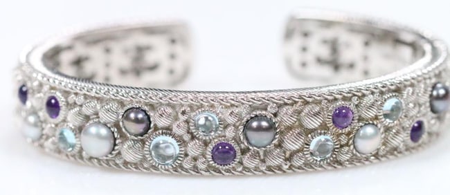 NEW Judith Ripka Sterling Silver, Pearl, Amethyst, Blue topaz Wide Cuff Bracelet, signed