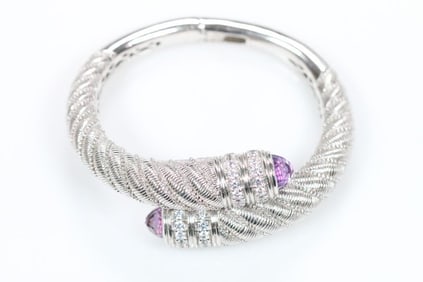 NEW Judith Ripka Sterling Silver, Amethyst, diamonique CZ Bypass Cuff Bracelet, signed