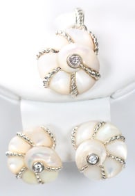 NEW Judith Ripka Sterling Silver, Crystal, and Mother of Pearl Shell Design Pendant and Earrings set