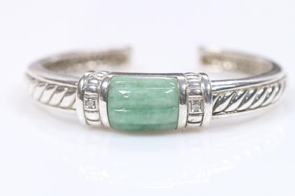VINTAGE Judith Ripka Sterling Silver and green jade Cuff Bracelet, signed