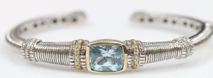 NEW Judith Ripka JR TWO 18kt Gold DIAMOND, Blue Topaz Sterling Silver Cuff Bracelet, signed