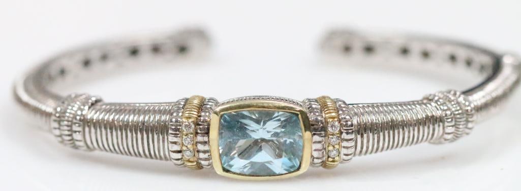 NEW Judith Ripka JR TWO 18kt Gold DIAMOND, Blue Topaz  Sterling Silver Cuff Bracelet, signed (1 of 10)