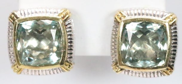NEW Judith Ripka JR TWO18kt Gold Sterling Silver Prasiolite Pierced earrings
