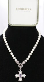 NEW Judith Ripka Sterling Silver, Pearl, Mother of Pearl and amethyst Cross Pendant Necklace