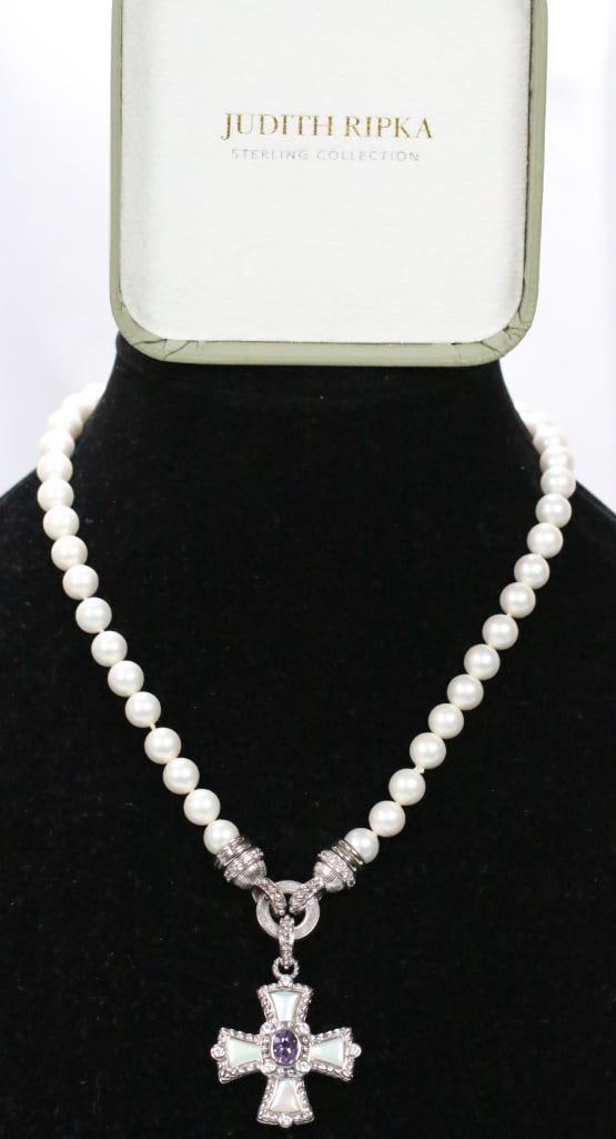 NEW Judith Ripka Sterling Silver, Pearl, Mother of Pearl and amethyst Cross Pendant Necklace: New in box, stunning pearl, mother of pearl, amethyst, and crystal pendant with magnetic closure; pendant is approx. 2" long including hinged bail, and 1 3/8" across, magnetic closure, approx. 18" lon