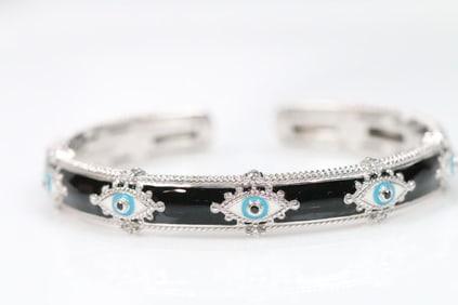 NEW Judith Ripka Sterling Silver, Enamel, CZ Evil Eye cuff bracelet RARE