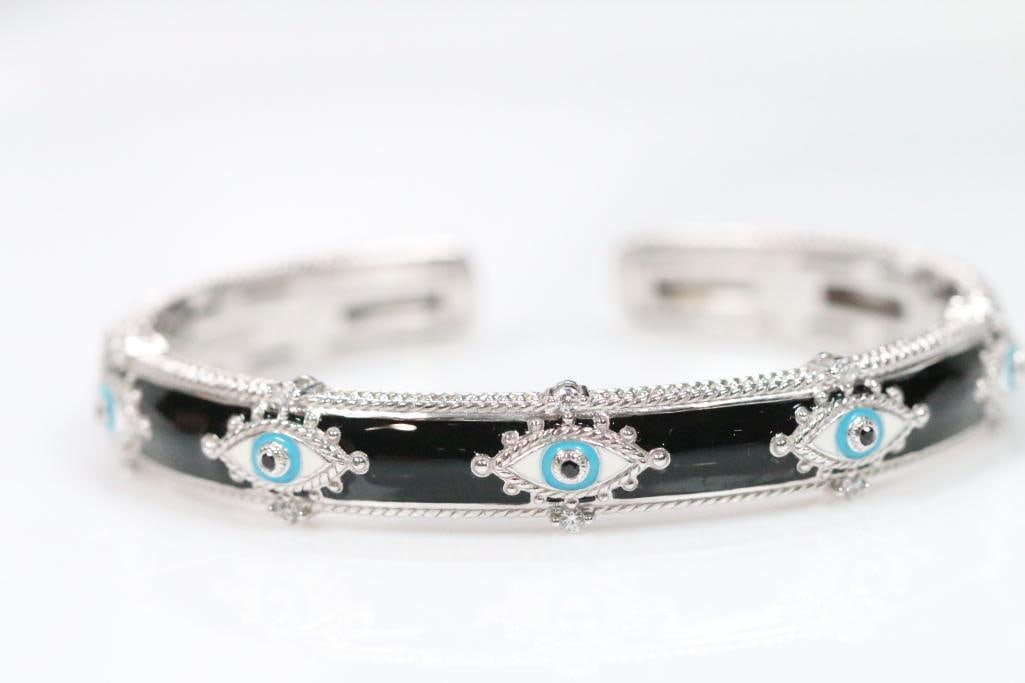 NEW Judith Ripka Sterling Silver, Enamel, CZ Evil Eye cuff bracelet RARE (1 of 10)