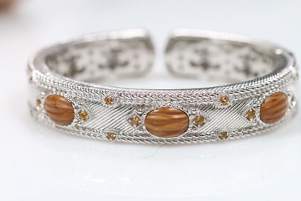 NEW Judith Ripka Sterling Silver Carved Tigers Eye Citrine Cuff Bracelet, signed