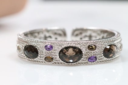 NEW Judith Ripka Sterling Silver Smokey Quartz, Amethyst and Citrine Wide Cuff bracelet