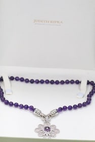 NEW Judith Ripka Sterling Silver Amethyst and diamonique Pendant Necklace, signed
