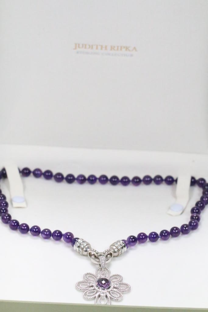NEW Judith Ripka Sterling Silver Amethyst and diamonique Pendant Necklace, signed (1 of 10)