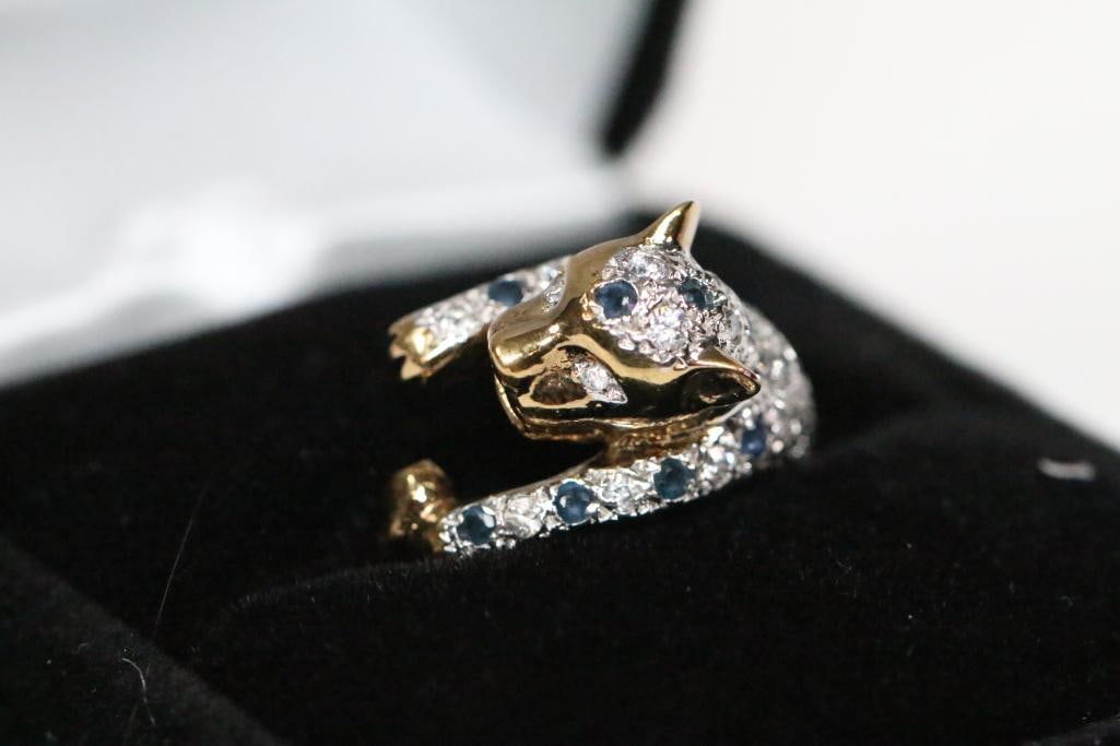 Gold plate  Sterling Silver Blue topaz Quartz Tiger Ring Sze 6.25. Boxed (1 of 8)