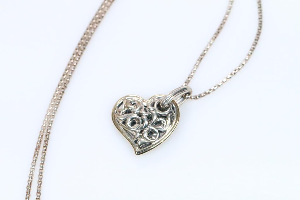Charles Krypell Sterling Silver and 14KT gold filigree heart pendant necklace. 9.6 grams.: Chain is 17" long nick solid box chain with lobster clasp. Hear is 3/4" x 3/4" with a solid 14KT gold band around the outside border of the heart. Stunning combination. comes in the Chares Krypell New