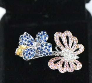 NEW OOAK Samuel Benham 18kt White Gold Diamond Sapphire Butterfly Flower Articulating Ring
