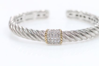 NEW Judith Ripka Sterling Silver and gold clad 2 tone Diamonique CZ Cuff Bracelet signed