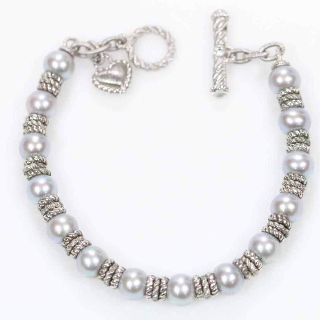 NEW Judith Ripka Sterling Silver, Pearl, and diamonique CZ bracelet: New sterling silver, pearl and crystal bracelet with crystal studded toggle closure, approx. 7.5" long