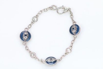 NEW Judith Ripka Sterling Silver, Enamel, blue topaz, CZ Evil eye bracelet