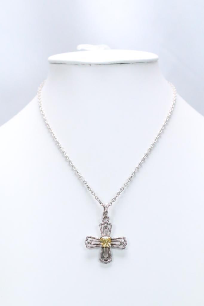 New Judith Ripka Sterling Silver large citrine gemstone diamonique CZ  Cross pendant necklace (1 of 5)
