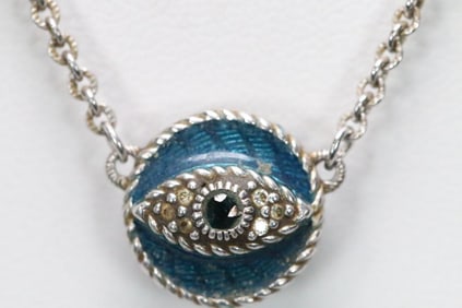 New Judith Ripka Sterling Silver, Evil Eye blue topaz, diamonique cz pendant necklace