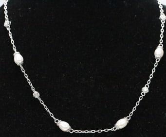 New Judith Ripka Sterling Silver, Pearl, and diamonique CZ Station Necklace