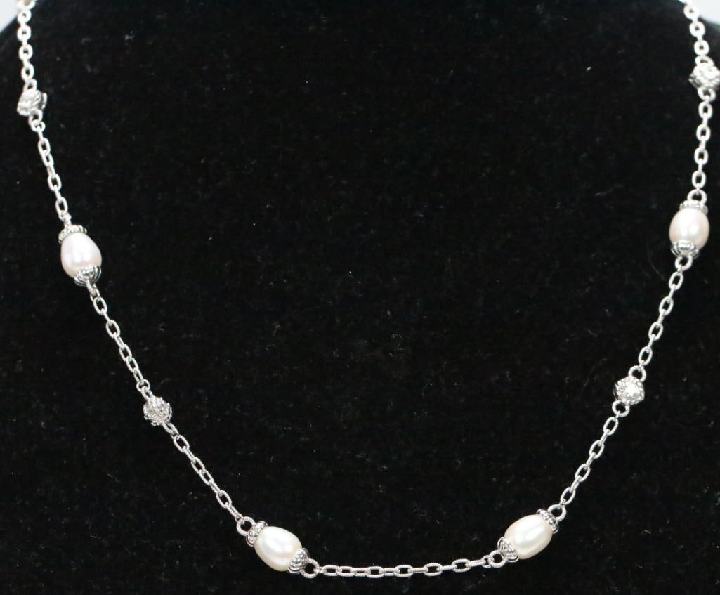 New Judith Ripka Sterling Silver, Pearl, and diamonique CZ Station Necklace: New sterling silver necklace with pearls and diamonique CZ , approx. 22" long