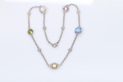 New Judith Ripka Sterling Silver and Multi color Sapphire station necklace GORGEOUS