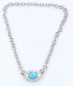 NEW Judith Ripka Sterling Silver, Turquoise and diamonique CZ Necklace, Signed