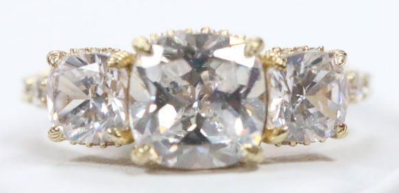 NEW Judith Ripka 3 Large Diamonique CZ cushion cut Gold Clad Over Sterling Silver Ring