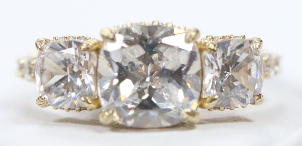 NEW Judith Ripka 3 Large Diamonique CZ cushion cut Gold Clad Over Sterling Silver Ring (1 of 8)