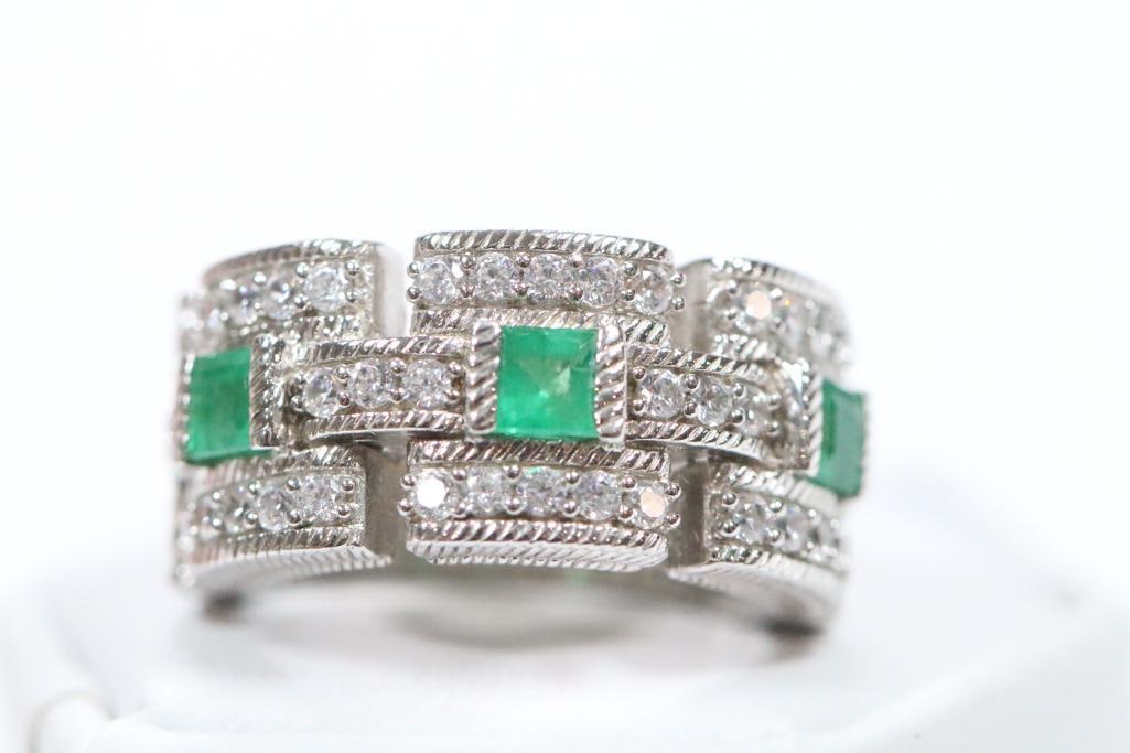 NEW Judith Ripka Sterling Silver, Diamonique and Emerald Color Gemstone Ring, Signed (1 of 10)