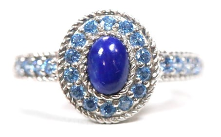 NEW Judith Ripka Sterling Silver Lapis and Blue topaz Halo Ring Size 11