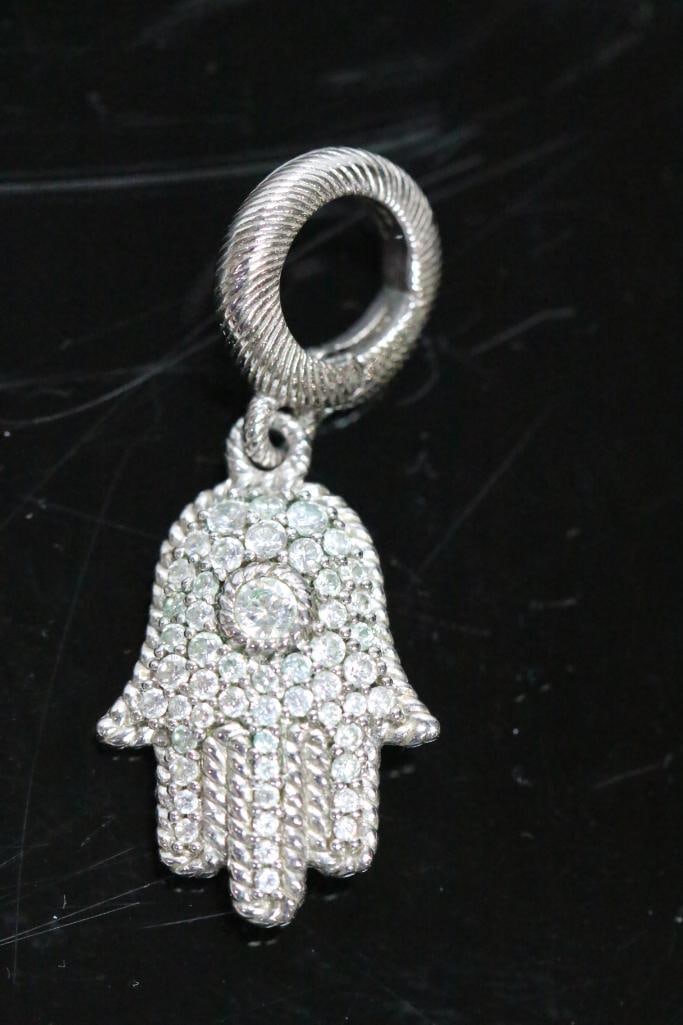 NEW Judith Ripka Sterling Silver Diamonique Hamsa hand Charm enhancer pendant: New in storage pouch, sterling silver and crystal Hamsa charm enhancer pendant, 1 1/4" with bail