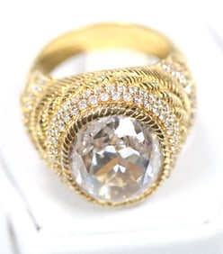 NEW Judith Ripka large diamonique CZ large halo Gold Clad Over Sterling Silver Ring, Signed
