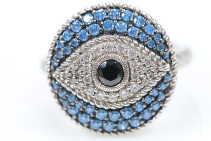 NEW Judith Ripka Sterling Silver Iolite, Sapphire and Blue Topaz Evil Eye ring, Signed