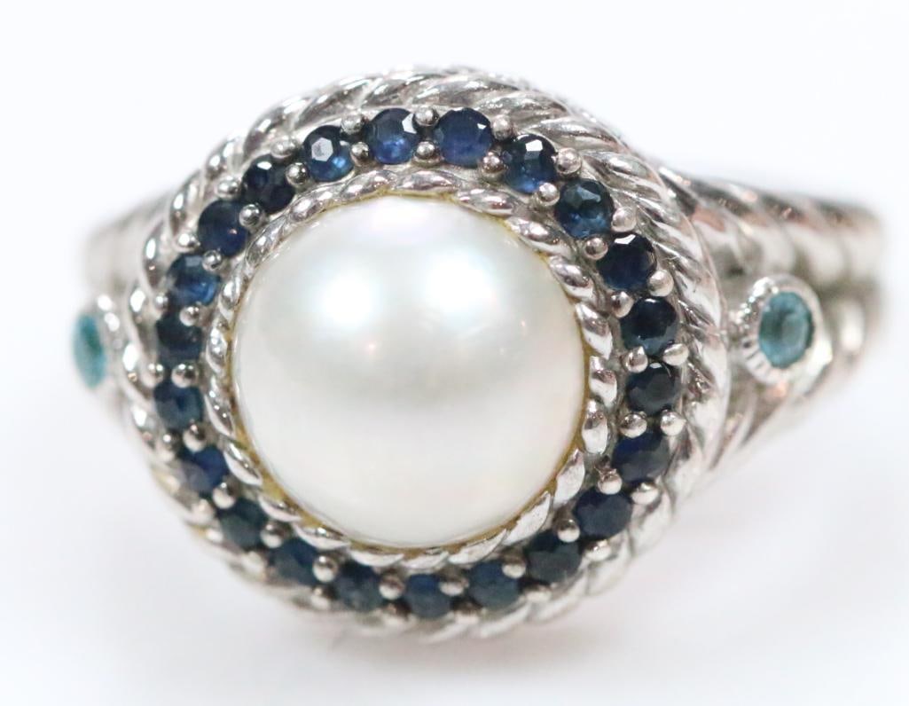 NEW Judith Ripka Sterling Silver Pearl and Amethyst HalooRing: New in storage bag, sterling silver, pearl blue topaz, sapphire approx. 5/8" across, SIZE 10