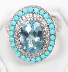 NEW Judith Ripka Sterling Silver, Turquoise Blue Topaz and Diamonique Ring, Signed