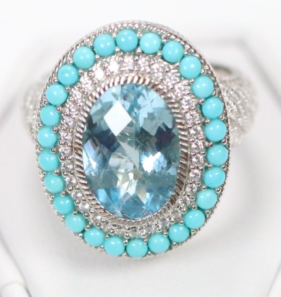 NEW Judith Ripka Sterling Silver, Turquoise Blue Topaz and Diamonique Ring, Signed (1 of 9)
