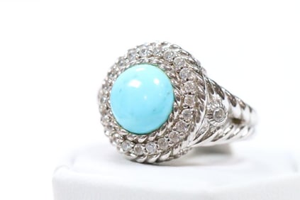 NEW Judith Ripka Sterling Silver, Turquoise, and diamonique CZ Halo Ring, Signed
